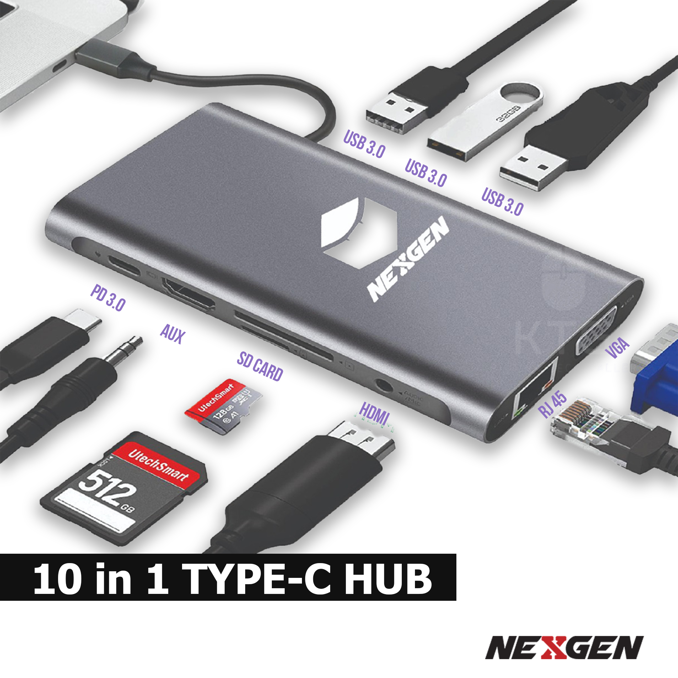Nexgen USB Type C 10 in 1 HUB Multi USB 3.0 4K HDMI PD 3 Port AUX SD Card Micro SD Card Gigabit LAN VGA Support Apple MacBook Pro iPad & all Laptop