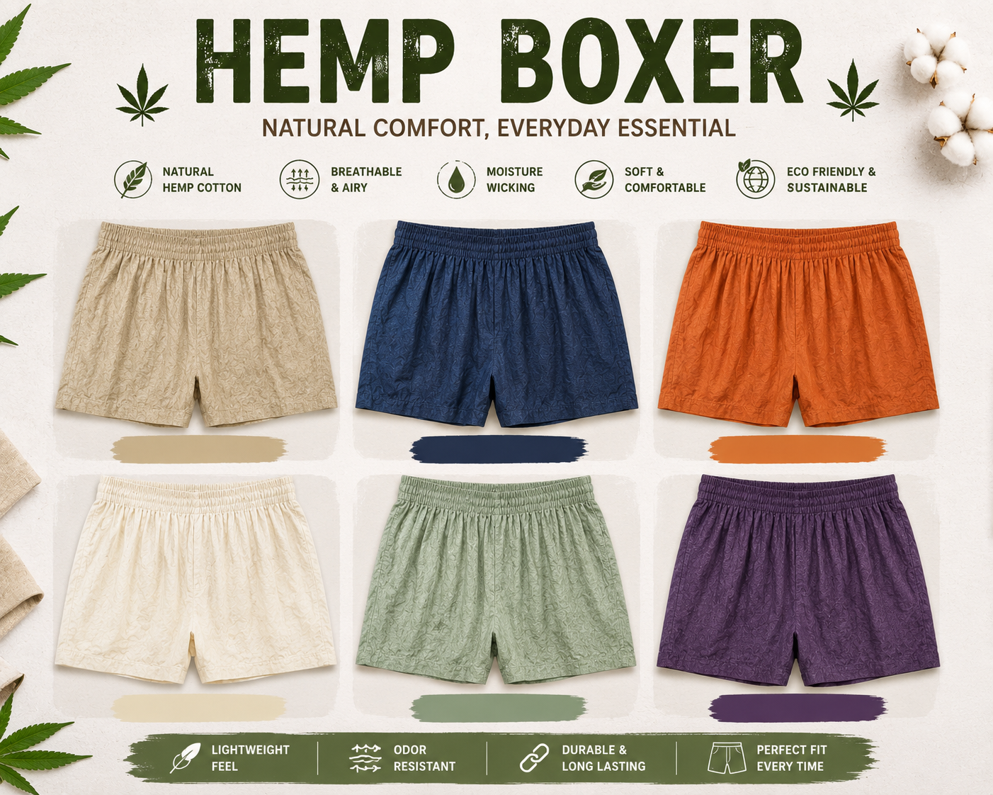 Hemp Cotton Boxer Shorts – 6 Color Variants 