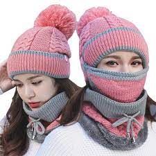 Women's Slouchy Knit Knitted Topi Scarf Mask 3-Piece Set for Winter Comfort