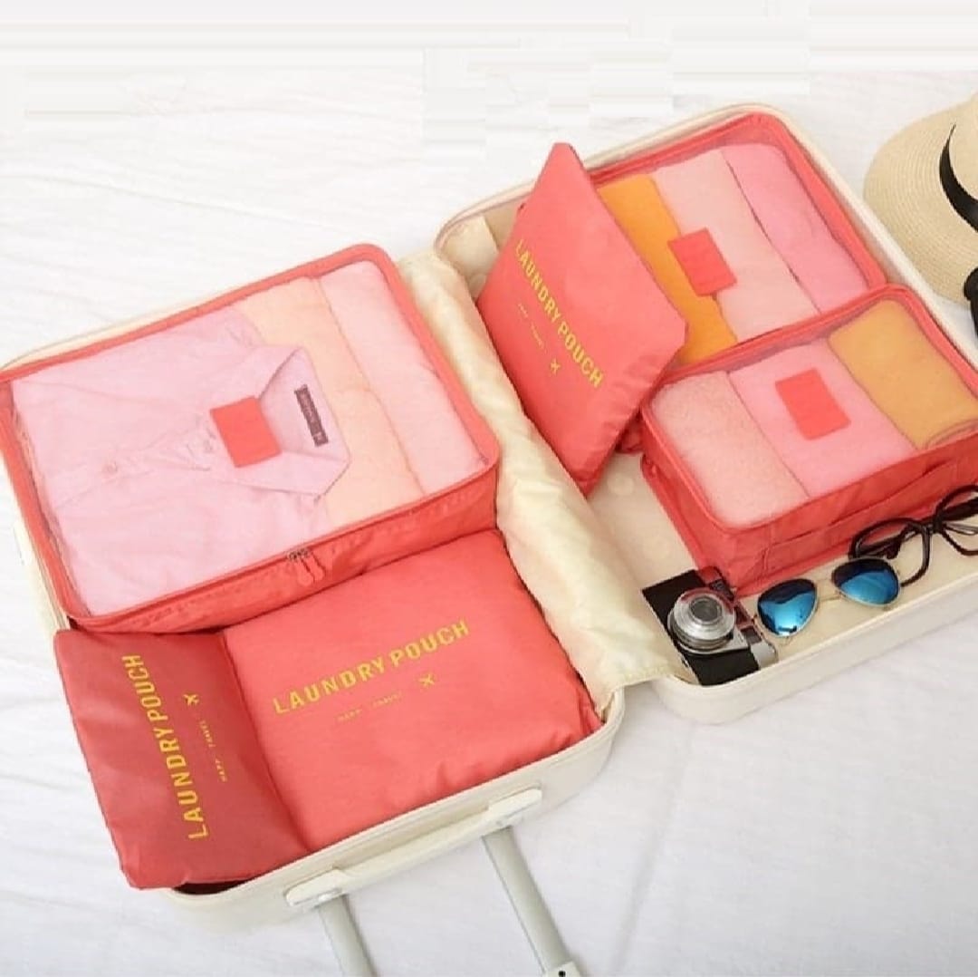 6 Pcs Luggage Storage Bags with Travel Clothes Packing Cubes and Waterproof Laundry Zipper Pouch