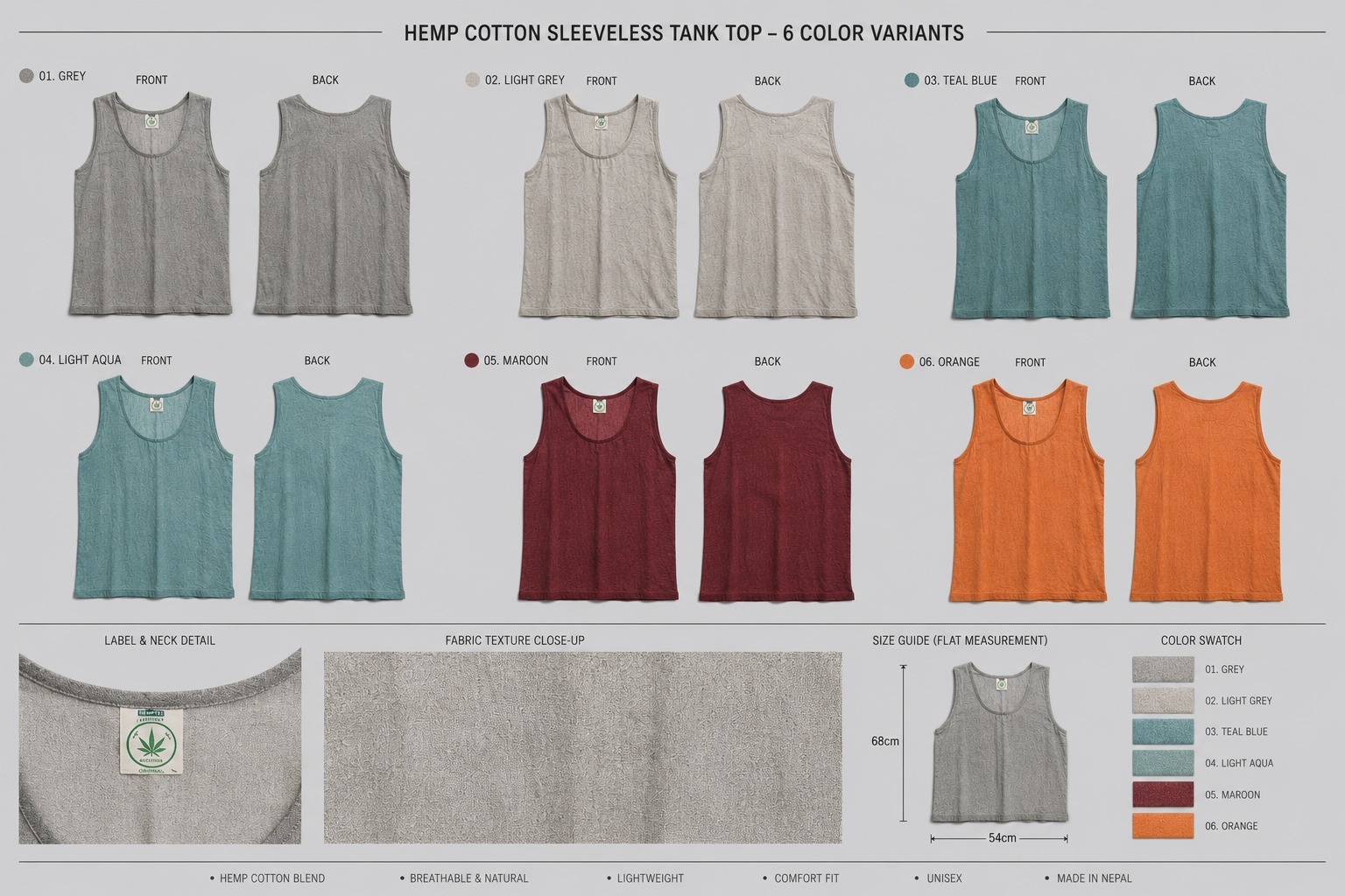 2 Pcs Hemp Cotton Sleeveless Tank Top Combo – 6 Color Variants