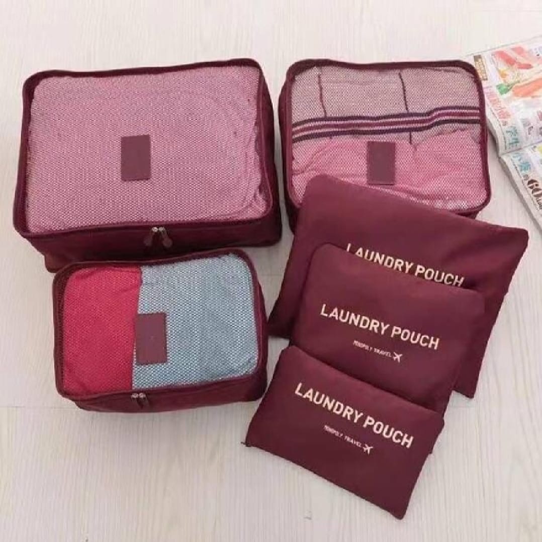 6 Pcs Luggage Storage Bags with Travel Clothes Packing Cubes and Waterproof Laundry Zipper Pouch