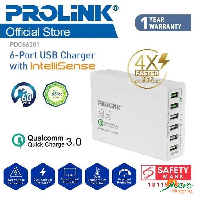 Prolink 6-Port USB Charger with IntelliSense 60W (4-Port USB 2.0 & 2-Port USB 3.0)-PDC66001 