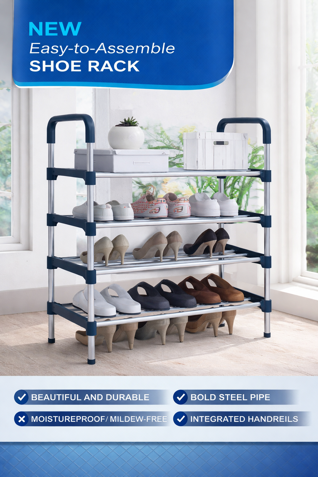 4 Tier Easy-to-Assemble Shoe Rack for Home 