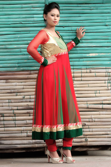 Anarkali red kurtha salwar with green border 