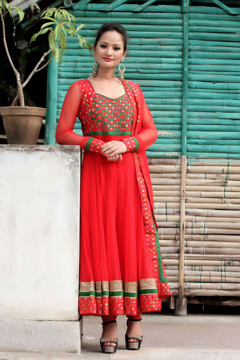 Anarkali Red Kurtha Salwar with red border 