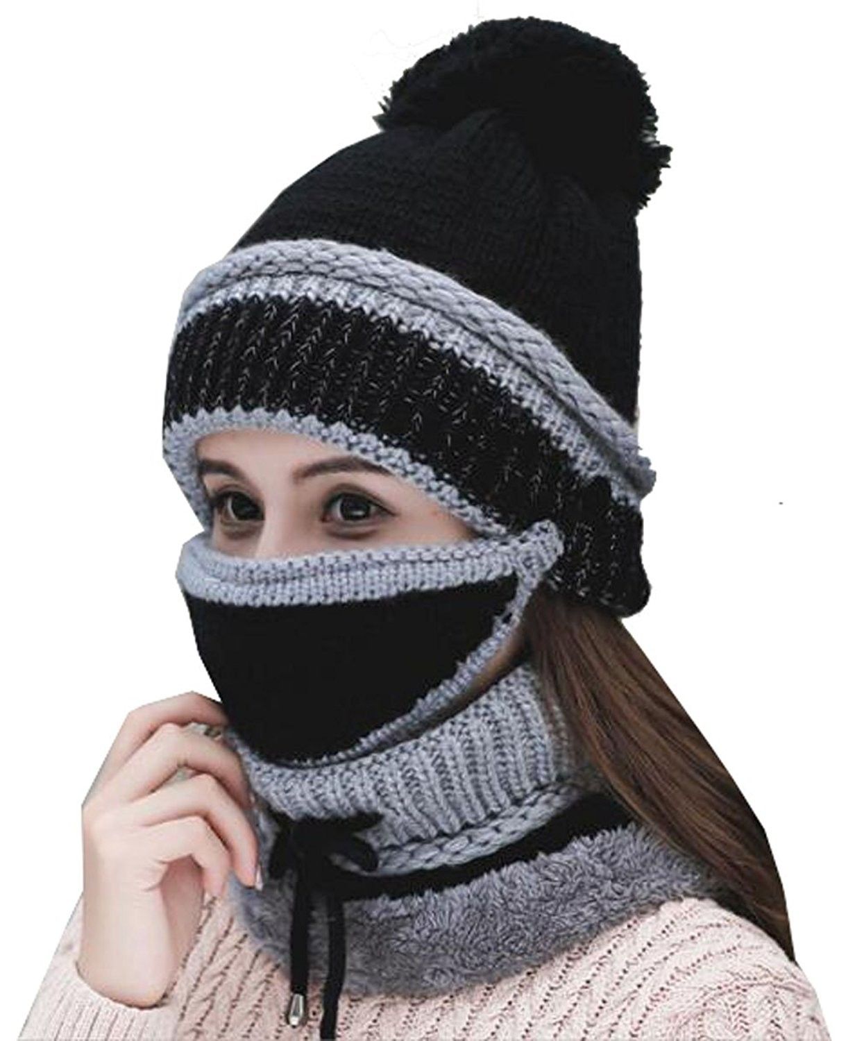 Women's Slouchy Knit Knitted Topi Scarf Mask 3-Piece Set for Winter Comfort 