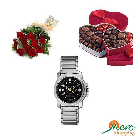 Combo gift for him Fastrack 3039SM02, Chocolate and Rose