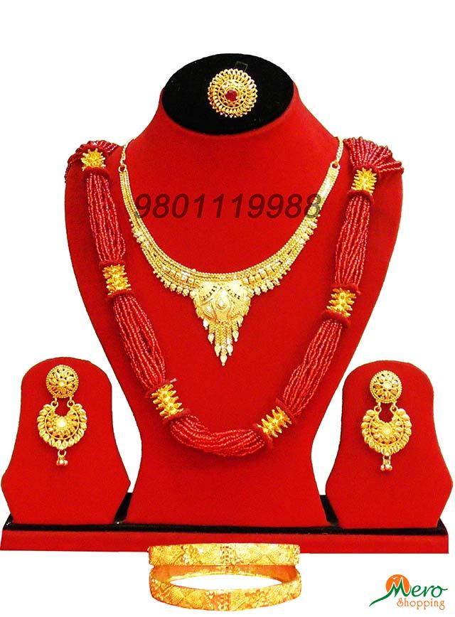 Gold Plated Jewellery Sets Includes ( Necklace, Ram Lela Jhumka, Chura, Ring, Naugedi )
