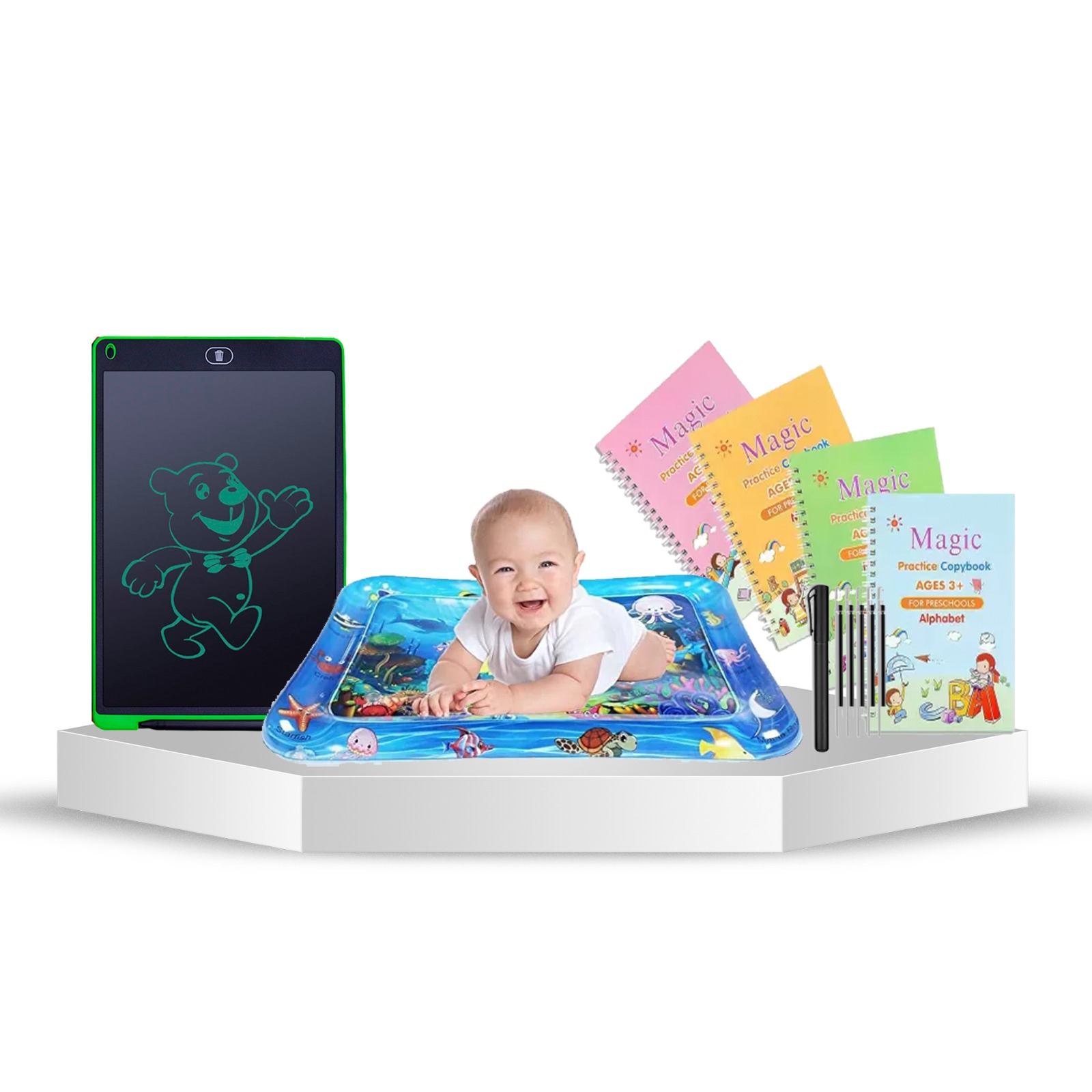 Combo Deal :- LCD Writing Tablet, Sank Magic practice Book and Inflatable Baby Mat 