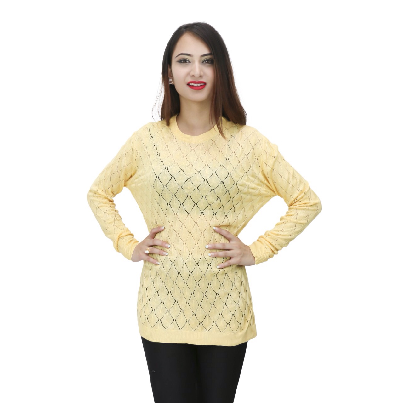 Light Orange Knit Bamboo Fabric Full Sleeves Sheer Top For Women 